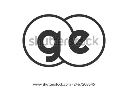 GE business company emblem with outline rounds and letters g e. Logo template of two merged circles for brand identity, logotype. Vector Infinity symbol  and technology sign.