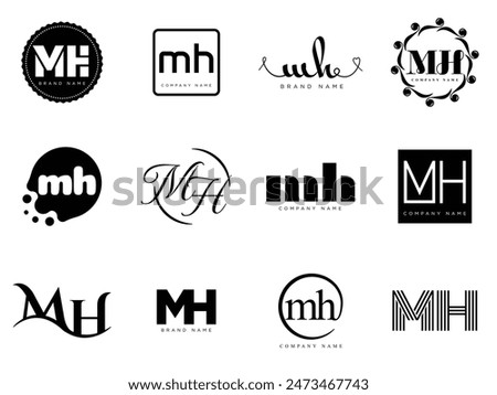 MH logo company template. Letter m and h logotype. Set different classic serif lettering and modern bold text with design elements. Initial font typography. Collection trendy business identity.