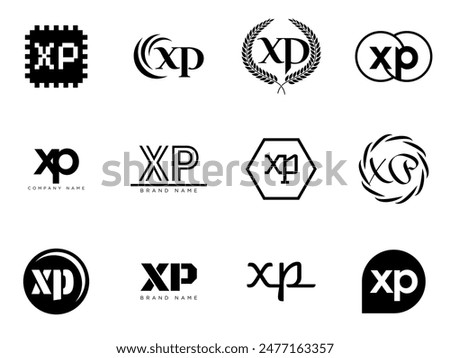 XP logo company template. Letter x and p logotype. Set different classic serif lettering and modern bold text with design elements. Initial font typography. Collection trendy business identity.