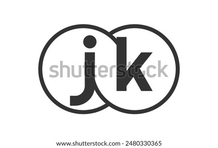 JK business company emblem with outline rounds and letters j k. Logo template of two merged circles for brand identity, logotype. Vector Infinity symbol  and technology sign.