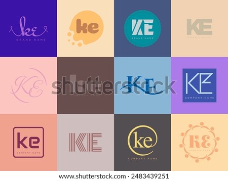 KE logo company template. Letter k and e logotype. Set different classic serif lettering and modern bold text with design elements. Initial font typography. Collection trendy business identity.