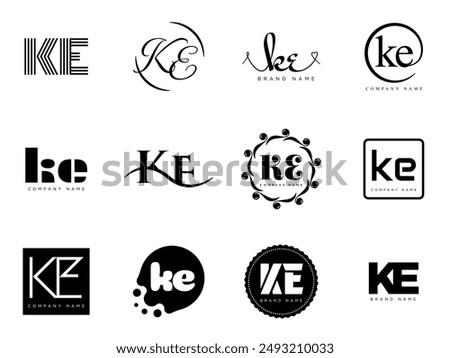 KE logo company template. Letter k and e logotype. Set different classic serif lettering and modern bold text with design elements. Initial font typography. Collection trendy business identity.