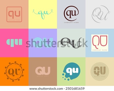 QU logo company template. Letter q and u logotype. Set different classic serif lettering and modern bold text with design elements. Initial font typography. Collection trendy business identity.