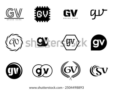 GV logo company template. Letter g and v logotype. Set different classic serif lettering and modern bold text with design elements. Initial font typography. Collection trendy business identity.