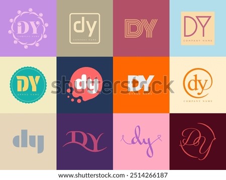 DY logo company template. Letter d and y logotype. Set different classic serif lettering and modern bold text with design elements. Initial font typography. Collection trendy business identity.