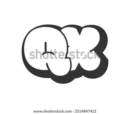 QX logo, bubble comic lettering, rounded in graffiti style black and white silhouette. Trendy preschool Q and X letter text for festival party, personal initials, children funky print and web. Vector