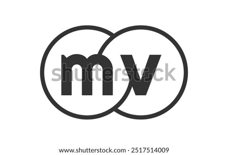 MV business company emblem with outline rounds and letters m v. Logo template of two merged circles for brand identity, logotype. Vector Infinity symbol  and technology sign.