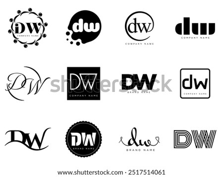 DW logo company template. Letter d and w logotype. Set different classic serif lettering and modern bold text with design elements. Initial font typography. Collection trendy business identity.