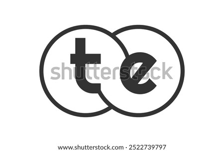 TE business company emblem with outline rounds and letters t e. Logo template of two merged circles for brand identity, logotype. Vector Infinity symbol  and technology sign.