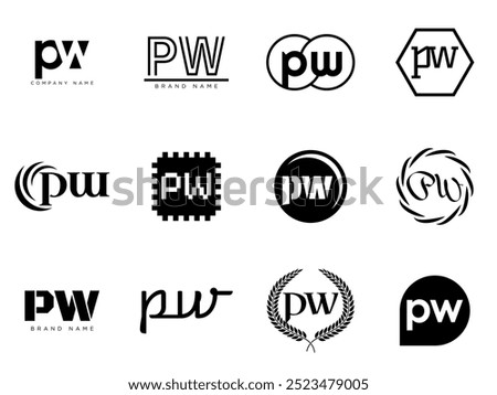 PW logo company template. Letter p and w logotype. Set different classic serif lettering and modern bold text with design elements. Initial font typography. Collection trendy business identity.