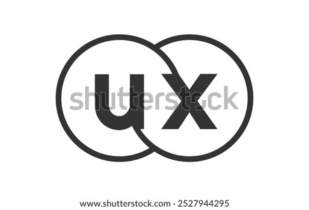 UX business company emblem with outline rounds and letters u x. Logo template of two merged circles for brand identity, logotype. Vector Infinity symbol  and technology sign.