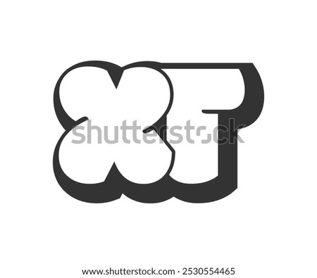 XT logo, bubble comic lettering, rounded in graffiti style black and white silhouette. Trendy preschool X and T letter text for festival party, personal initials, children funky print and web. Vector