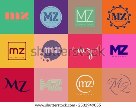 MZ logo company template. Letter m and z logotype. Set different classic serif lettering and modern bold text with design elements. Initial font typography. Collection trendy business identity.