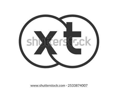 XT business company emblem with outline rounds and letters x t. Logo template of two merged circles for brand identity, logotype. Vector Infinity symbol  and technology sign.