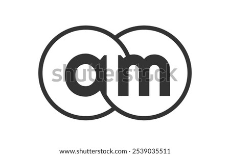 AM business company emblem with outline rounds and letters a m. Logo template of two merged circles for brand identity, logotype. Vector Infinity symbol  and technology sign.