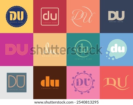 DU logo company template. Letter d and u logotype. Set different classic serif lettering and modern bold text with design elements. Initial font typography. Collection trendy business identity.