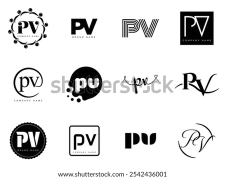 PV logo company template. Letter p and v logotype. Set different classic serif lettering and modern bold text with design elements. Initial font typography. Collection trendy business identity.