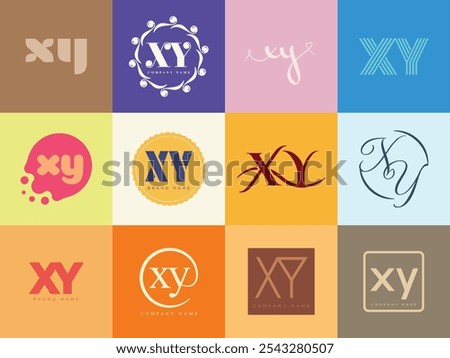 XY logo company template. Letter x and y logotype. Set different classic serif lettering and modern bold text with design elements. Initial font typography. Collection trendy business identity.