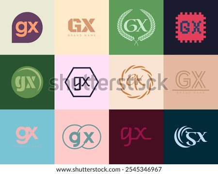 GX logo company template. Letter g and x logotype. Set different classic serif lettering and modern bold text with design elements. Initial font typography. Collection trendy business identity.