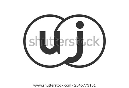 UJ business company emblem with outline rounds and letters u j. Logo template of two merged circles for brand identity, logotype. Vector Infinity symbol  and technology sign.