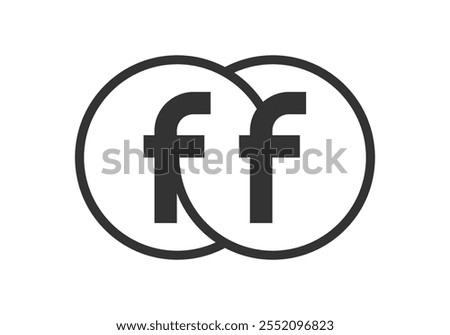 FF business company emblem with outline rounds and letters f f. Logo template of two merged circles for brand identity, logotype. Vector Infinity symbol  and technology sign.