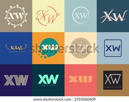 XW logo company template. Letter x and w logotype. Set different classic serif lettering and modern bold text with design elements. Initial font typography. Collection trendy business identity.