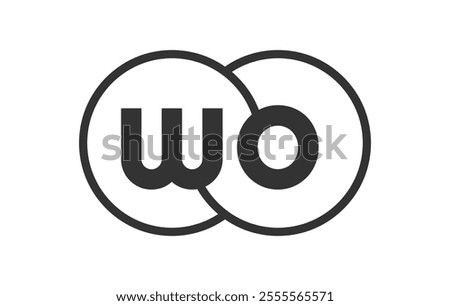 WO business company emblem with outline rounds and letters w o. Logo template of two merged circles for brand identity, logotype. Vector Infinity symbol  and technology sign.