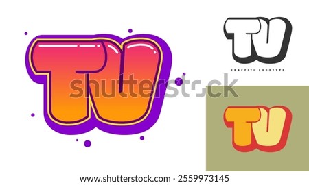 TV logo design for festival or party. Initial letter t and v in graffiti style. Creative modern lettering company name of font typography. Kids trendy logotype or identity. Vector illustration.