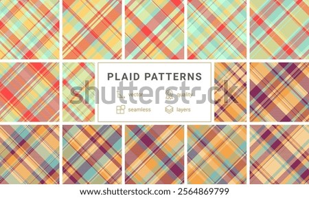 Twelve vibrant plaid patterns in a collection. Seamless vector designs in warm, pastel colors, perfect for textile prints, website backgrounds, or fashion design. High-quality layered files included.