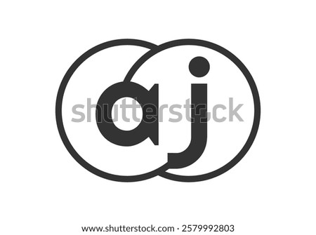 AJ business company emblem with outline rounds and letters a j. Logo template of two merged circles for brand identity, logotype. Vector Infinity symbol  and technology sign.