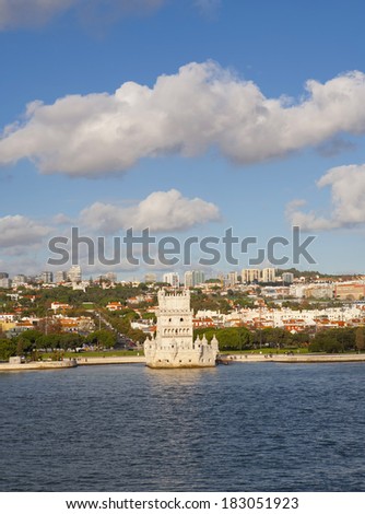 Belem Tower, a UNESCO World Heritage Site, is a fortified tower located in Lisbon, Portugal. Constructed in limestone in the early 16th century, it guards the mouth of the Tagus River.