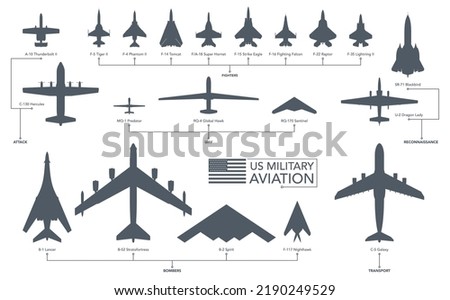 US military aircrafts icon set. Fighters and bombers silhouette on white background. Vector illustration