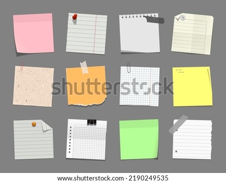 Realistick paper set. Blank tickers, note pages, torn sheets of paper, drawing pins, tape, staples, binder clip and other. Vector illustration