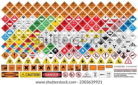 Vector hazardous material signs. Globally Harmonized System warning signs. All classes. Hazmat isolated placards