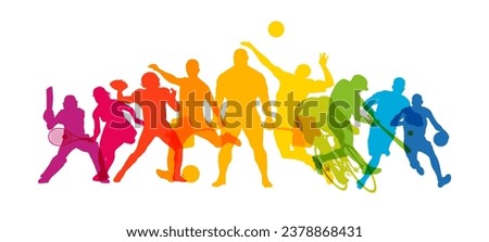 Colorful concept of sports silhouettes. Sport people on white. High detail. Vector illustration.