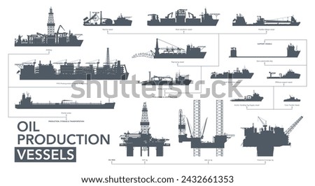 Oil production vessels icon set. Oil production ships silhouette on white. Vector illustration