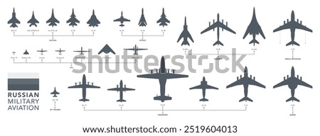 Russian military aircrafts icon set. Fighters and bombers silhouette on white background. Vector illustration