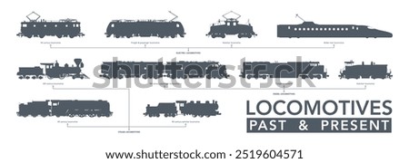 Train locomotives icon set. Past and present locos silhouette on white. Vector illustration