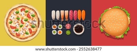 Realistic street food set. Pizza, sushi, burger. Top view. Vector illustration.