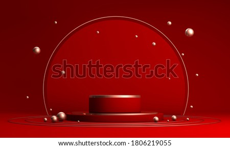 Podium, pedestal or platform, background for the presentation of cosmetic products. 3d podium. Place for ads.3D rendering red podium geometry with gold elements. Product presentation blank podium.  