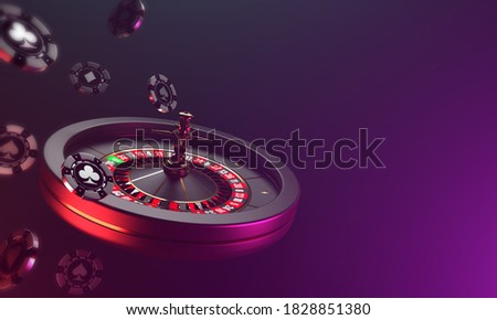 Roulette casino on a dark background. Dynamic falling of casino chips and roulette on a dark background. Casino background. 3d rendering.
