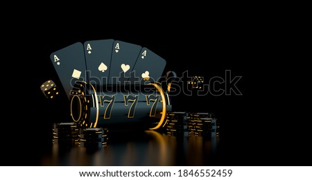 Gambling concept with playing cards, dice, casino chips, slot with neon lights. 3D rendering.
