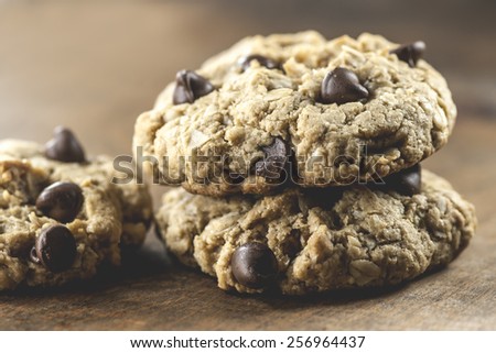 Macro view of chocolate chip cookies on wooden table (Shallow Depth-of-Field)