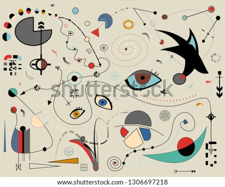 Abstract gray background ,fancy sahpes red blue, inspired by surrealist  painter