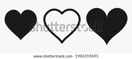 A set of drawn silhouettes in the form of a heart. Symbol of Love. Black Heart Shapes. Flat style. Social nets, web buttons, like. Web design. Vector illustrations. 