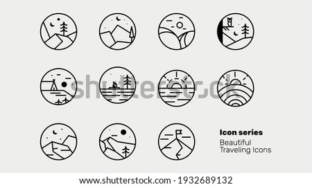 Hiking, traveling, and nature icon illustrations, beautiful and clean lines, trendy direction