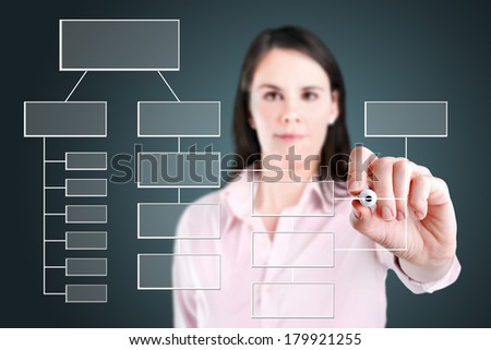Young business woman writing process flowchart diagram on screen.