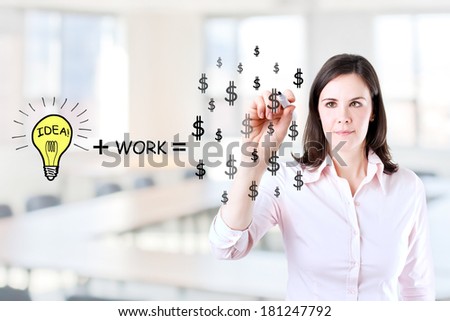 Idea and work can make lots of money equation draw by young business woman. Office background.