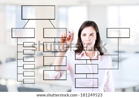 Young business woman writing process flowchart diagram on screen. Office background.