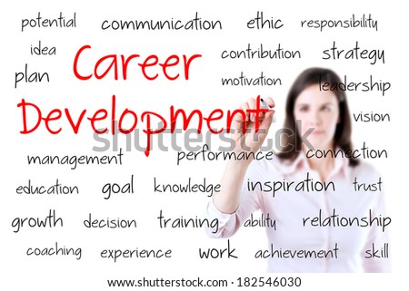 Young business woman writing career development concept. Isolated on white.
